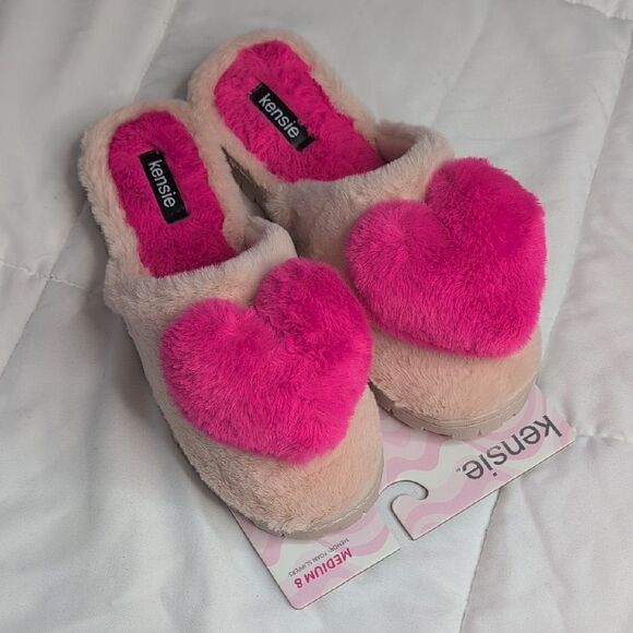 Kensie Shoes - Kensie Memory Foam Slippers Puffy Pink Heart Slip On, NEW, Multiple Sizes